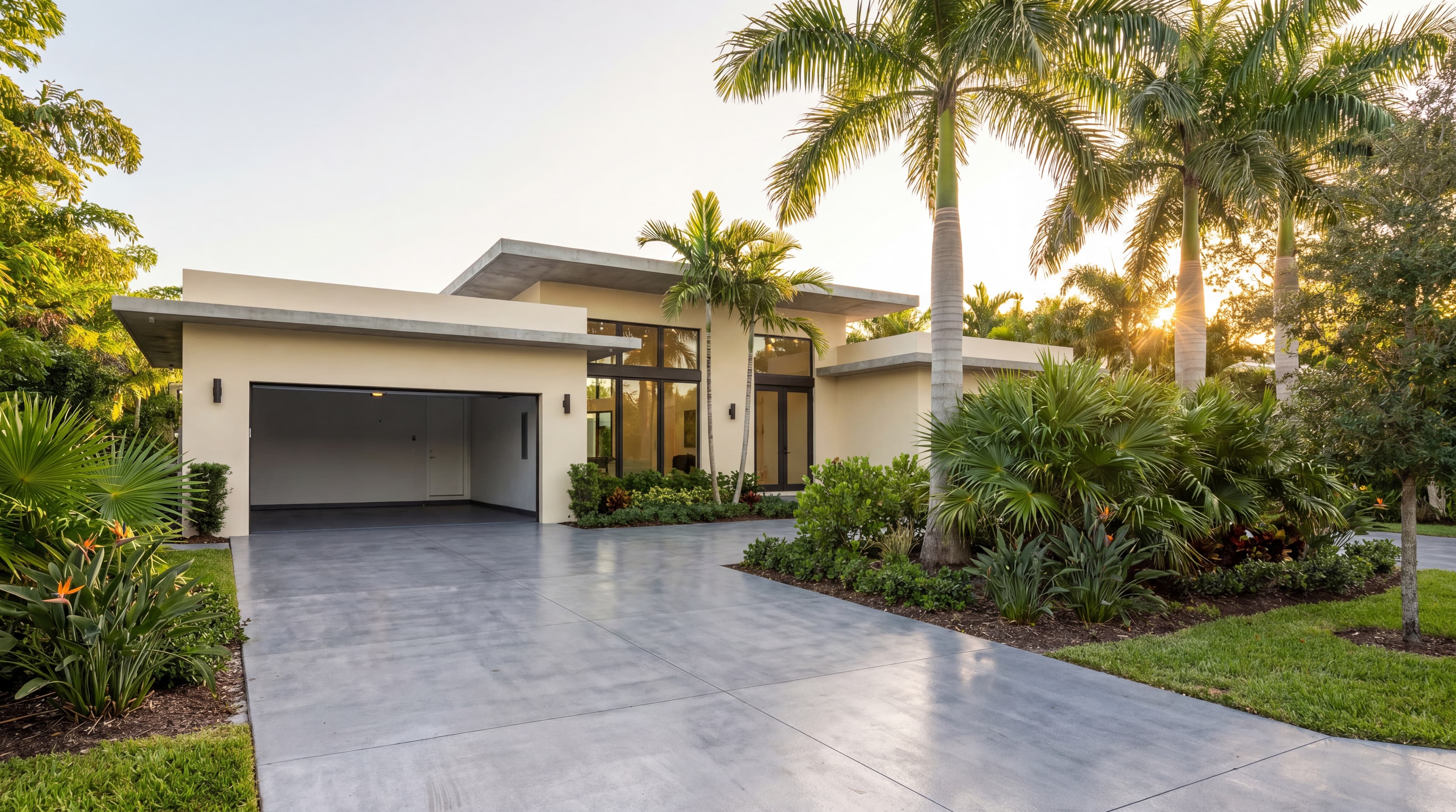 Casa moderna en Cutler Bay con piso de epoxi en el garaje y jardinería tropical