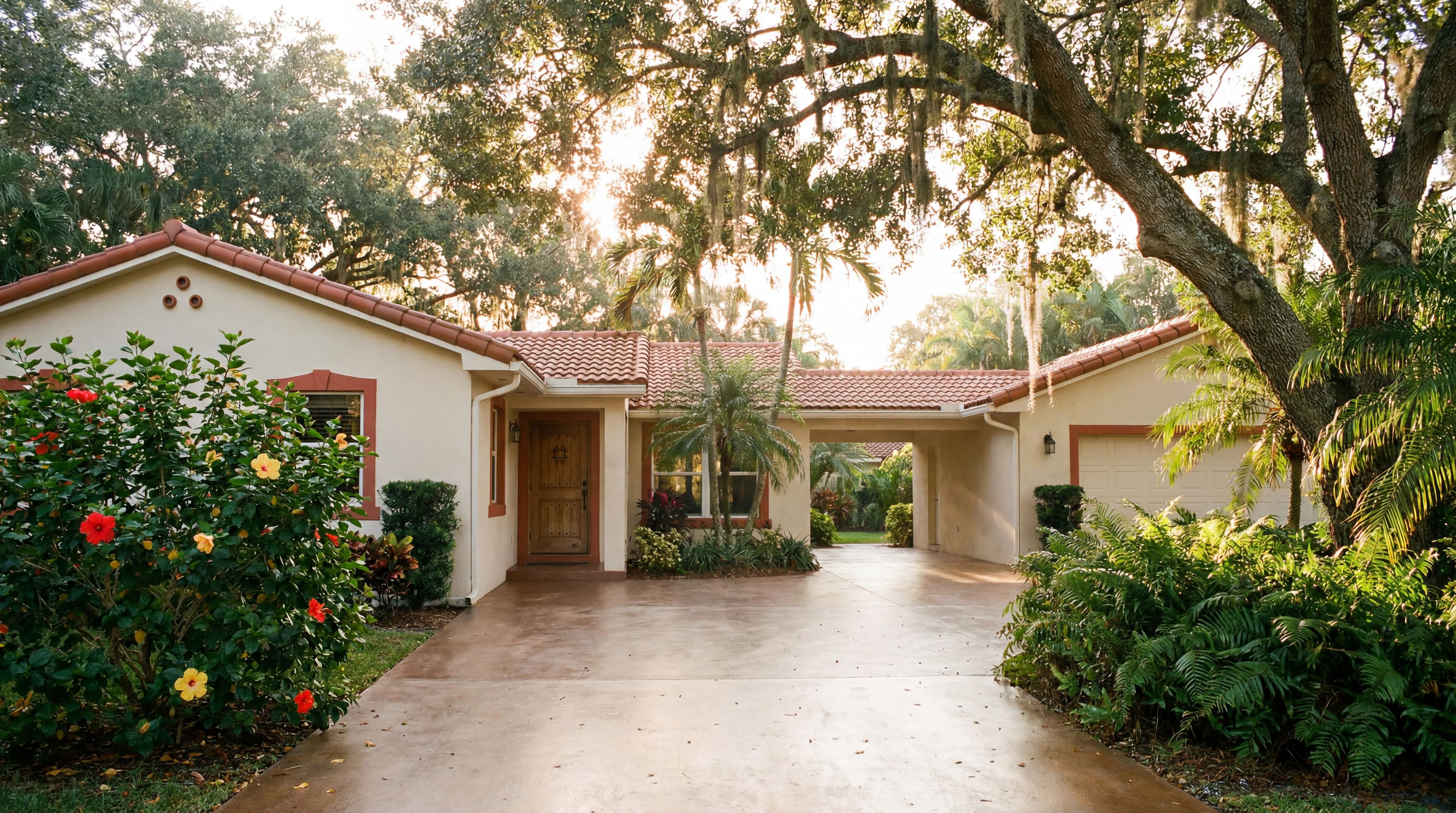 Casa estilo rancho en Davie, Florida con detalles de loseta roja, robles y patio de concreto pulido