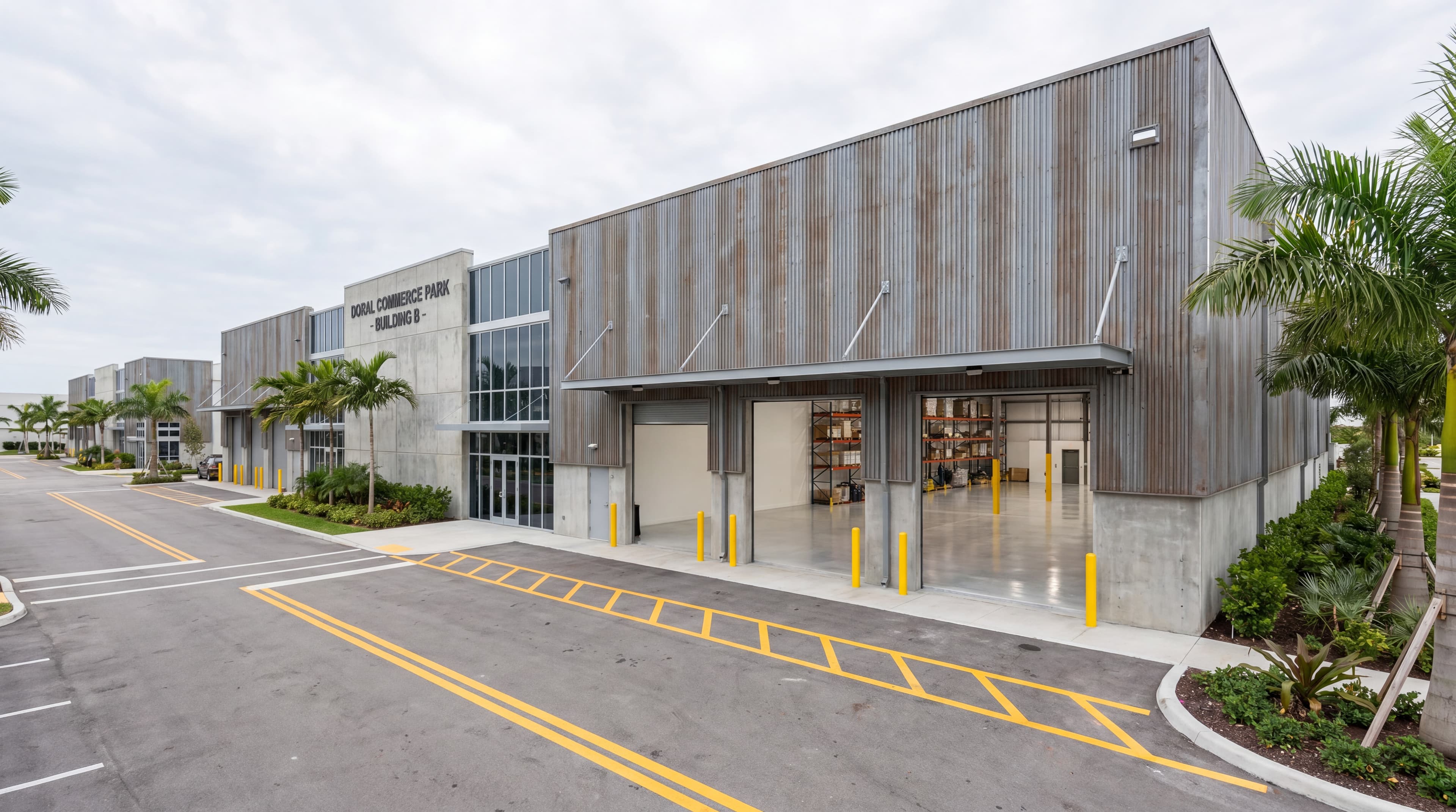 Almacén de un parque industrial con muelle de carga de concreto pulido en Doral, Miami