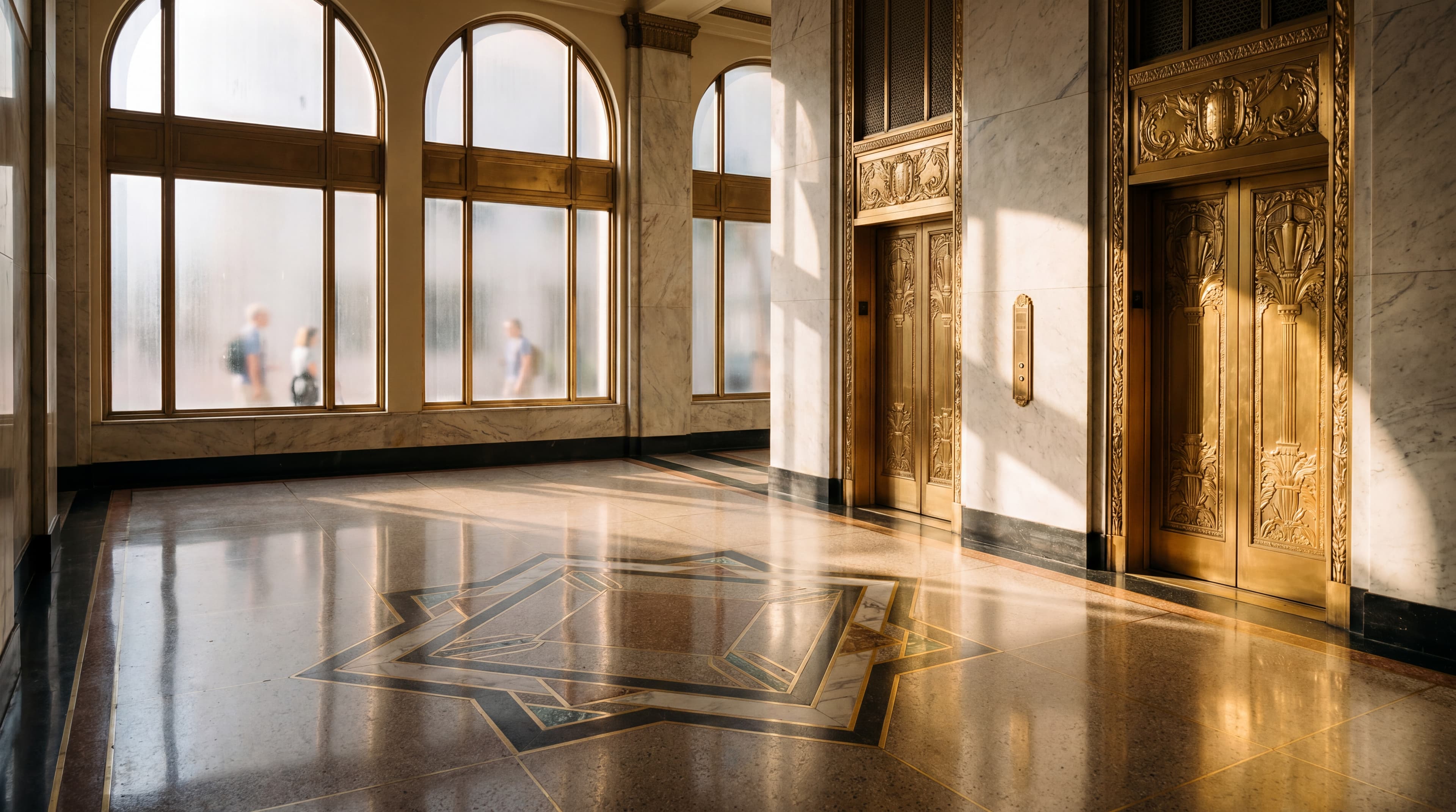 Vestíbulo comercial histórico en Downtown Miami con terrazo Art Deco restaurado