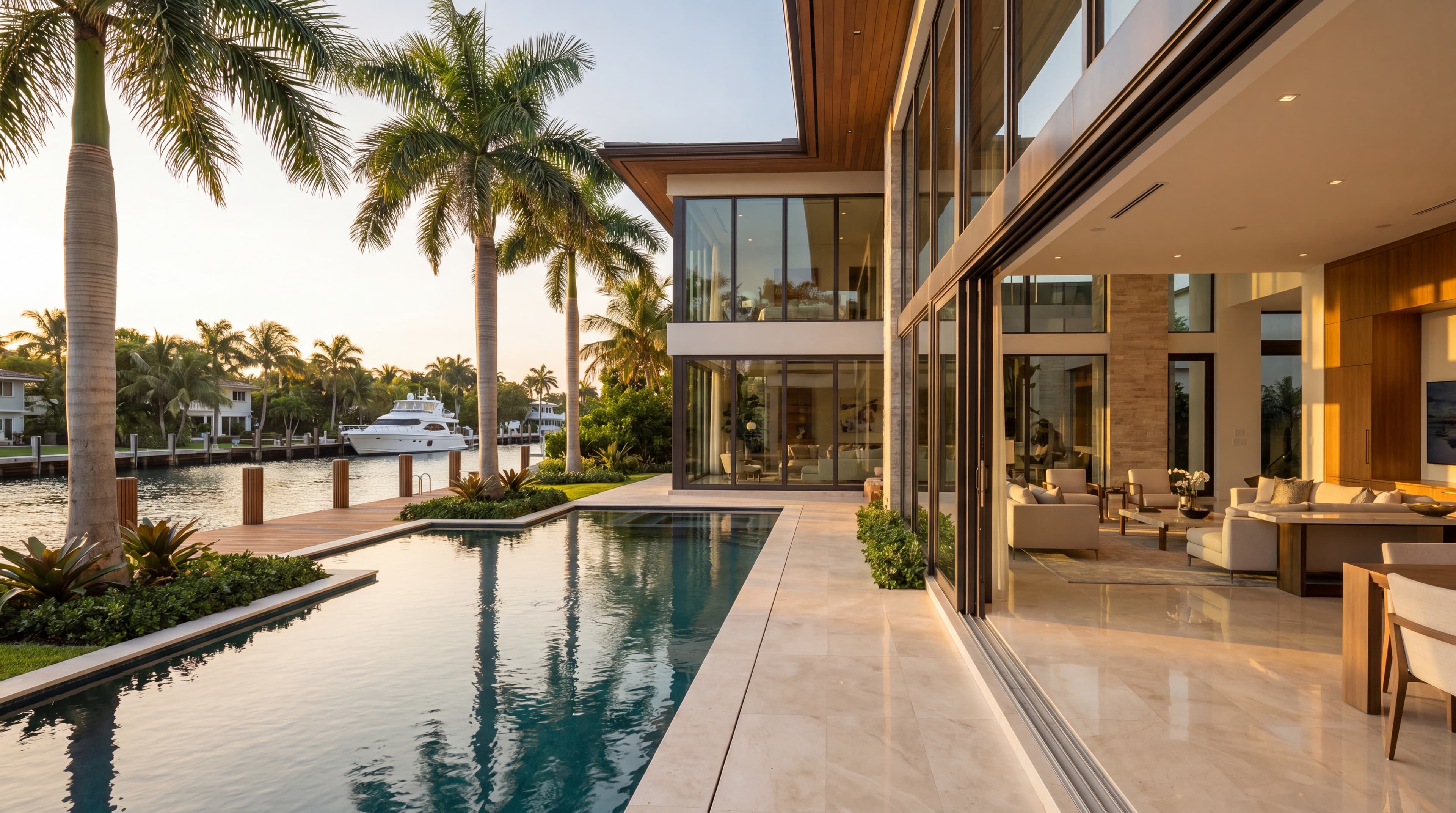 Residencia frente al agua en Fort Lauderdale con interior de mármol pulido y muelle al atardecer
