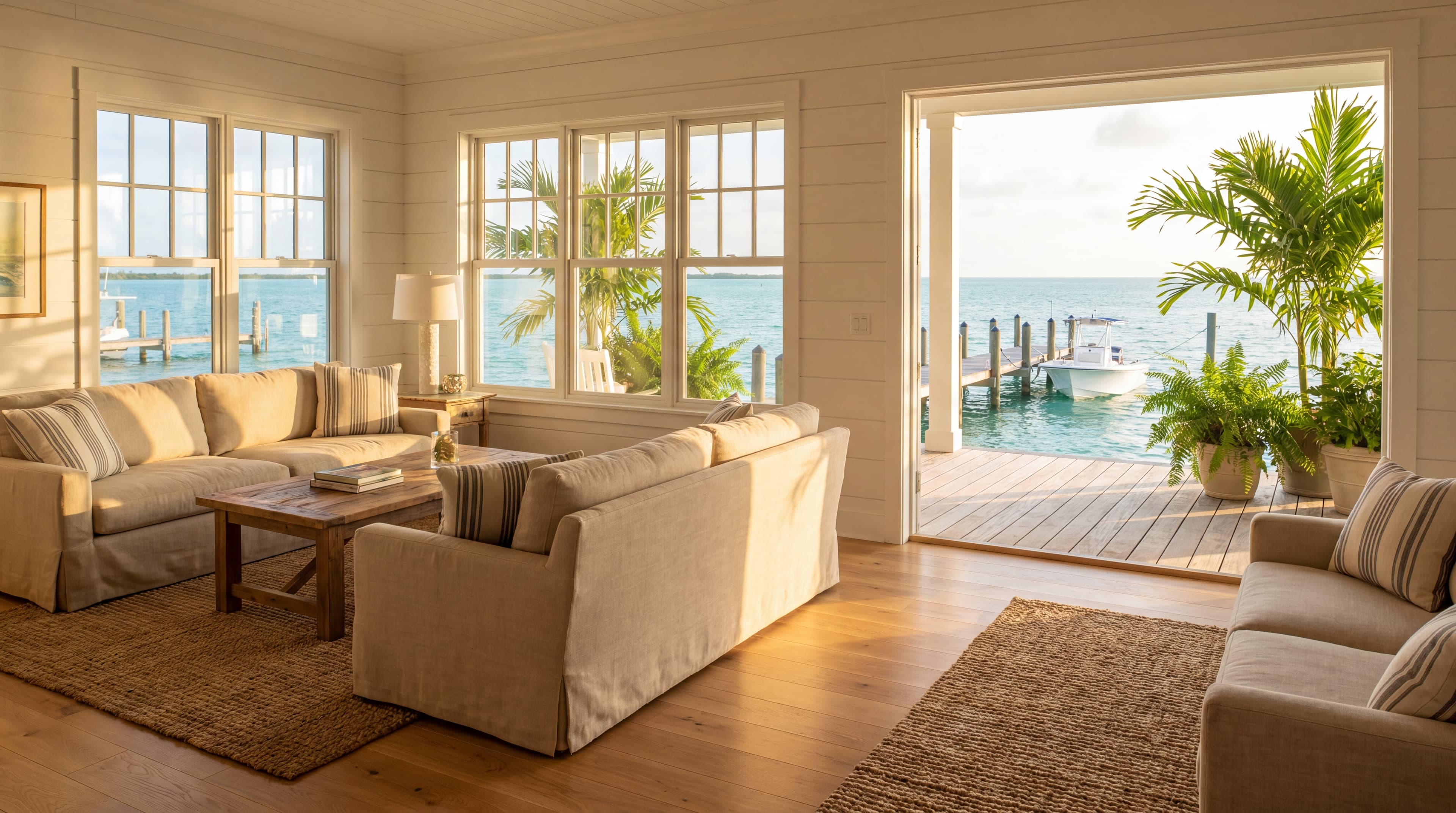 Interior casual de casa frente al agua en Key Largo con madera de roble claro reacondicionada y vista al océano turquesa
