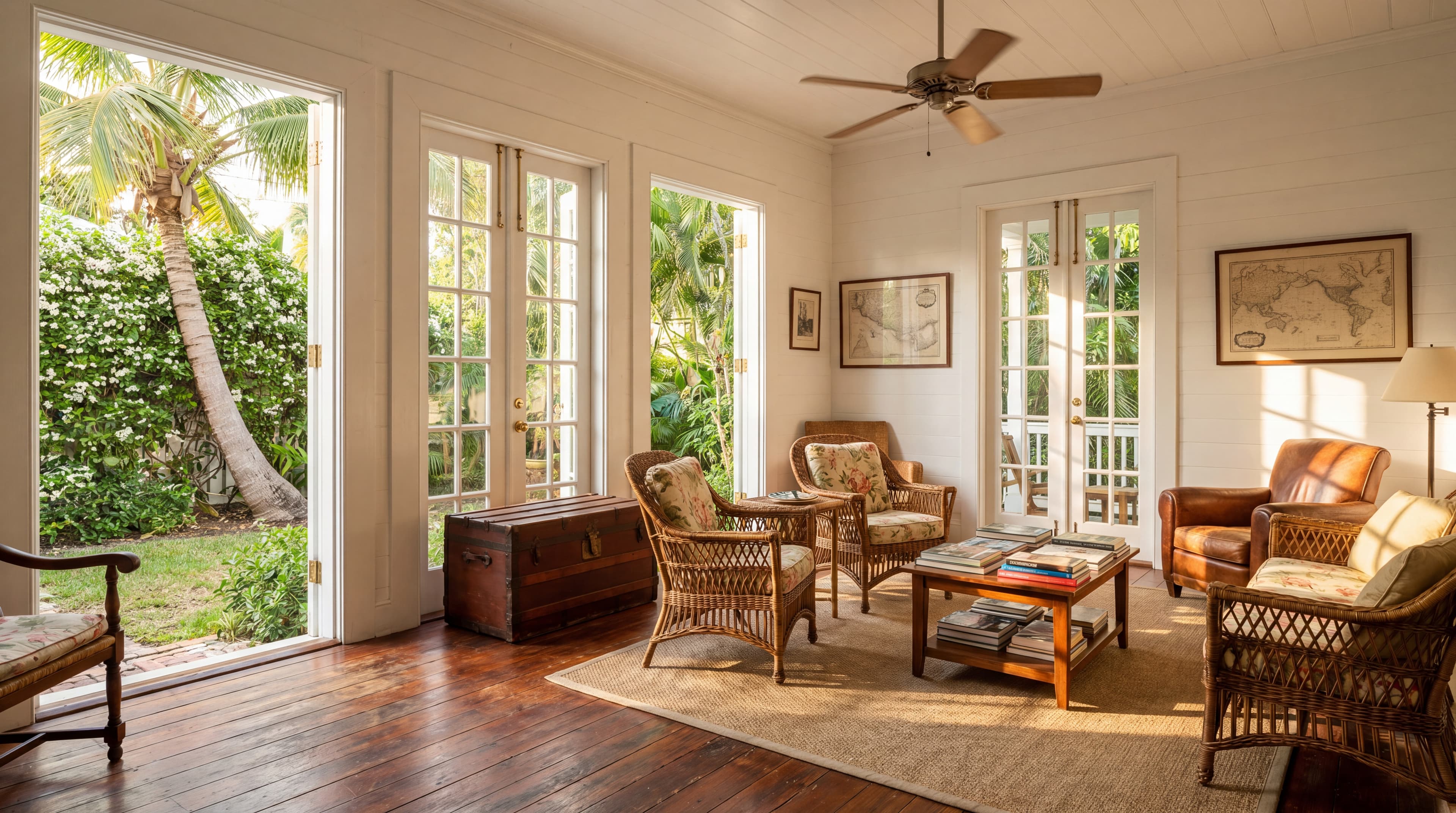 Casa histórica estilo Conch en Key West con piso original de heart pine y jardín tropical a través de las puertas francesas