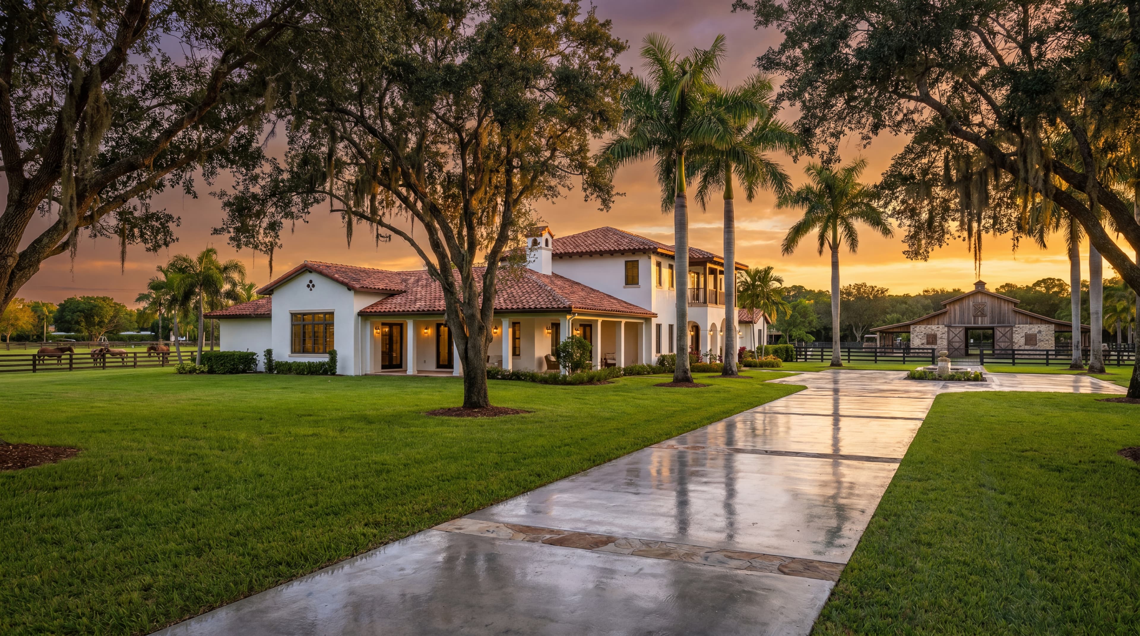 Propiedad ecuestre estilo español en Southwest Ranches con entrada de concreto pulido y un establo