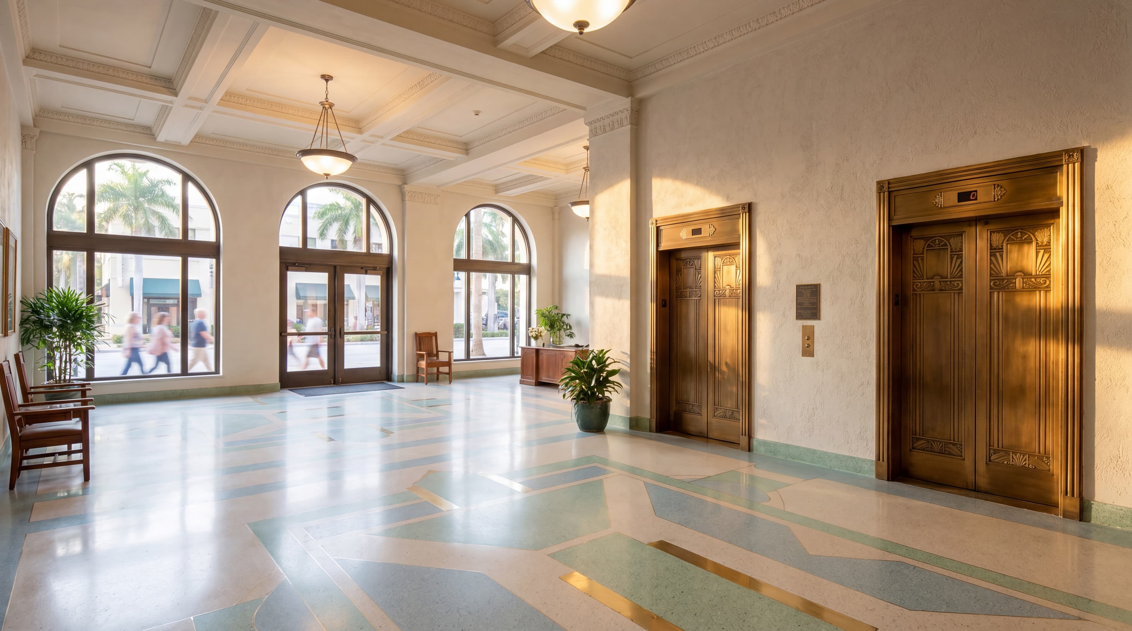 Vestíbulo comercial histórico en West Palm Beach con terrazo geométrico restaurado y puertas de elevador en bronce