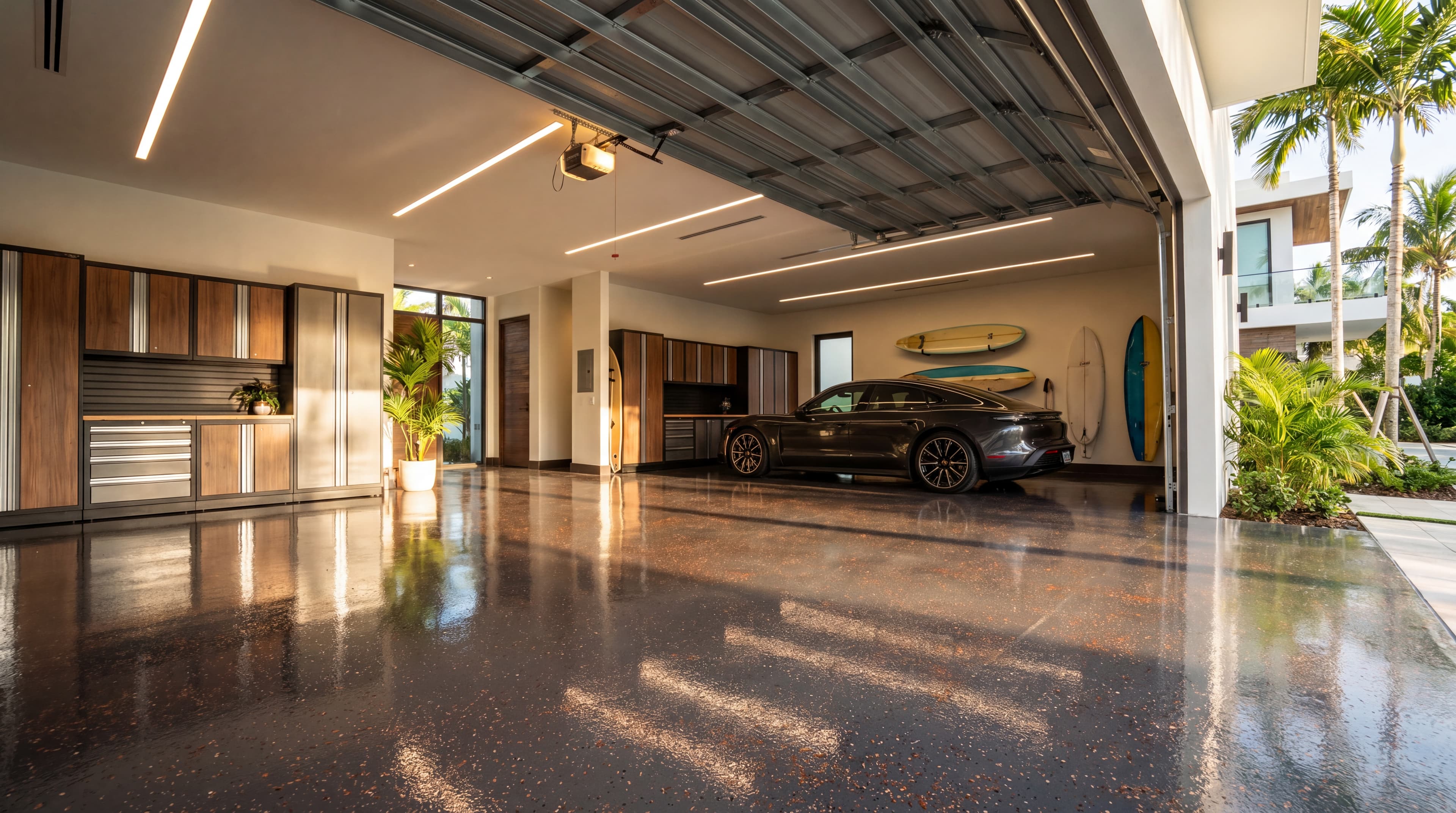 Garage epoxy floor with decorative chip flake in Miami