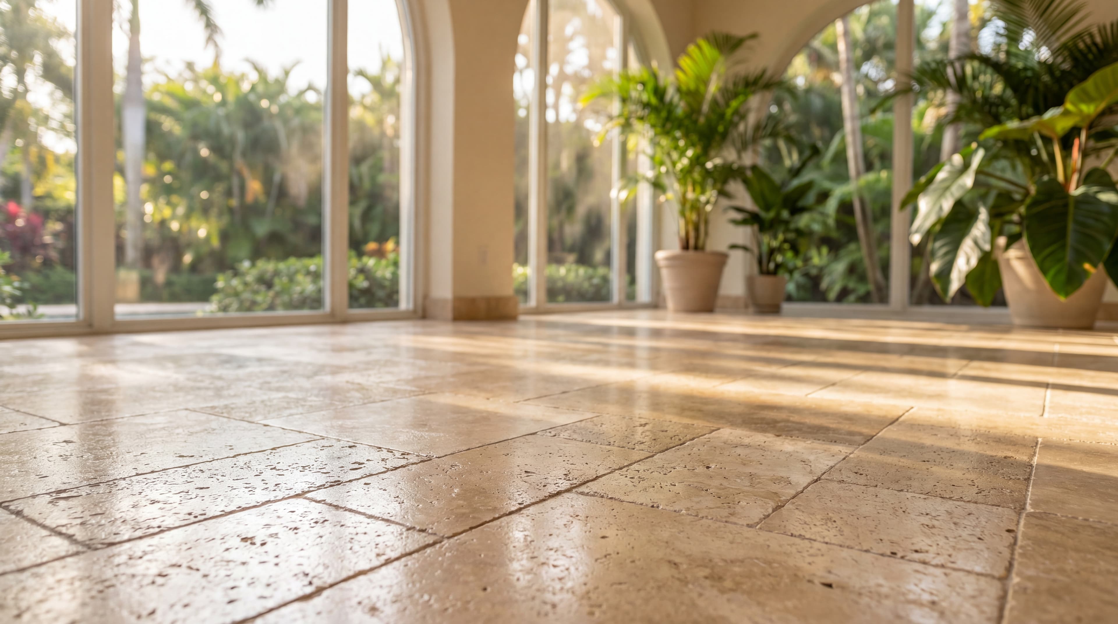 Restauración de piso de piedra natural en una casa de Miami