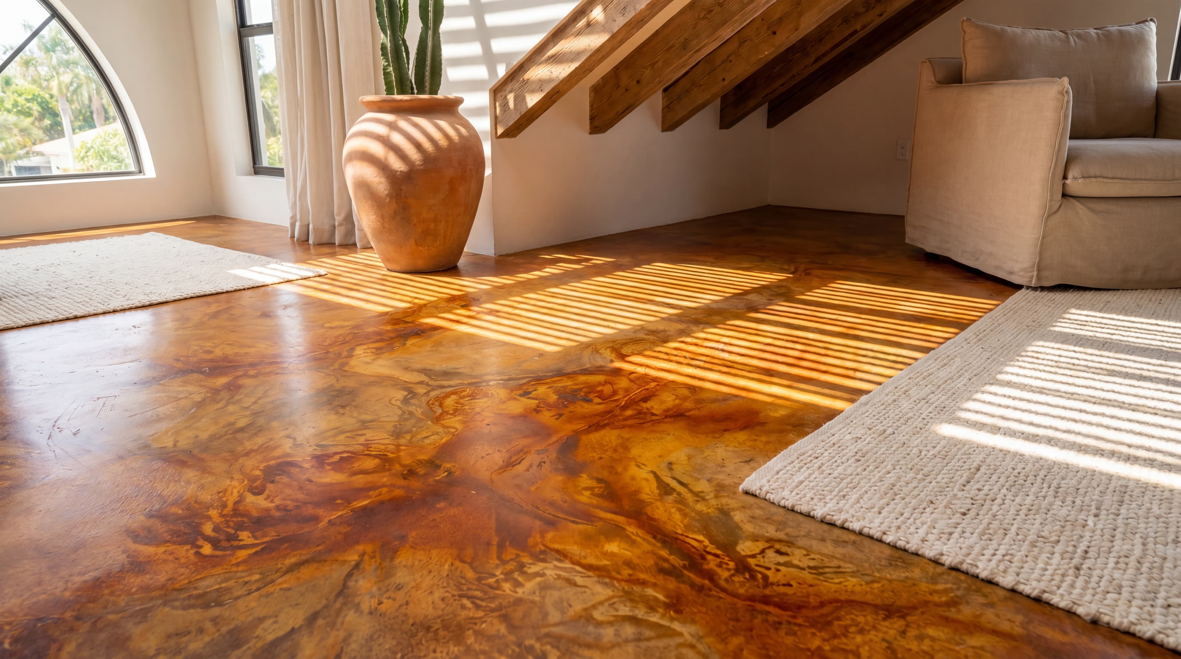 Piso de concreto decorativo con tinte patina cálido en Miami