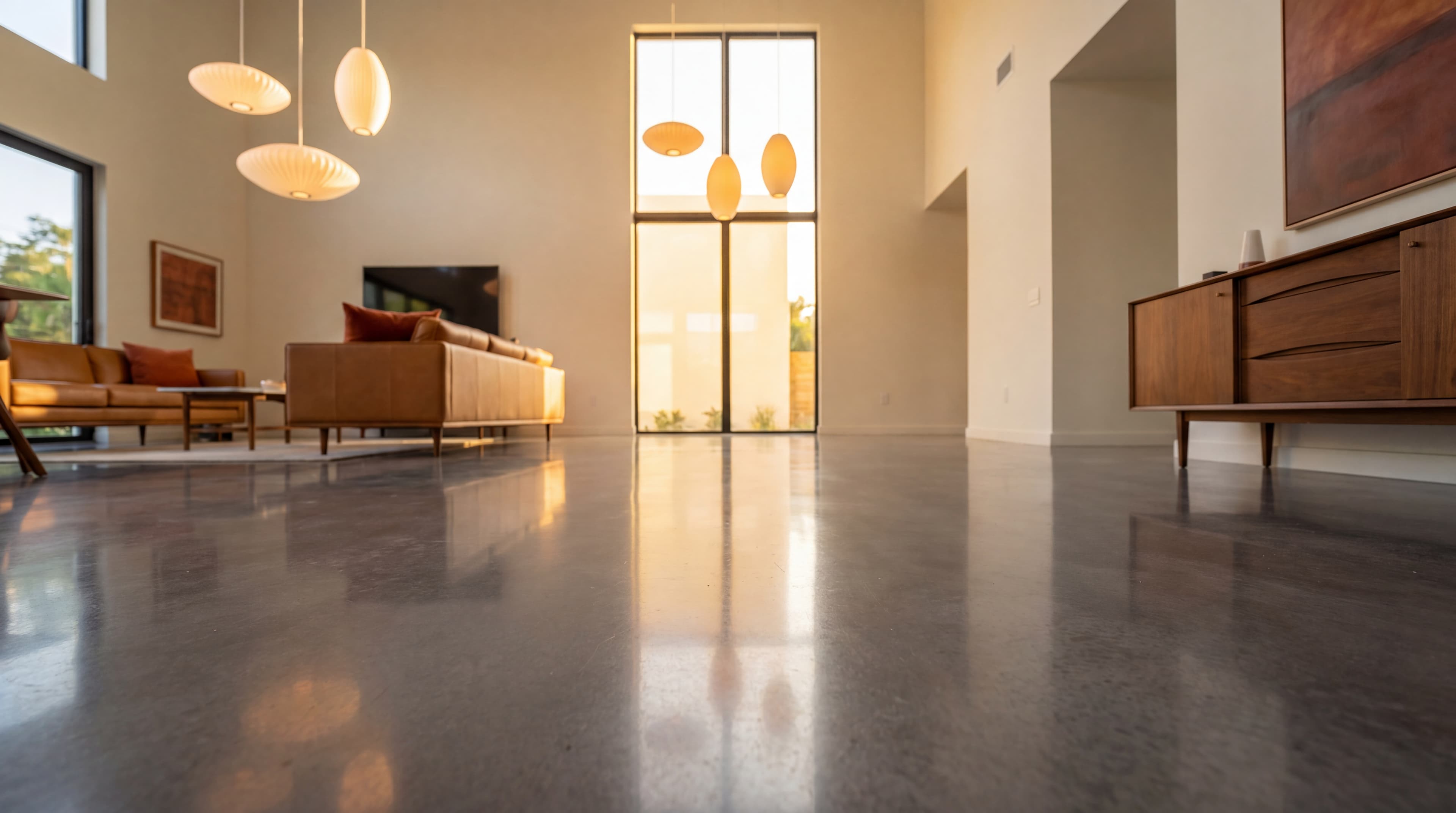 Mirror-finish polished concrete floor in a Miami home